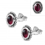 Medium Oval Garnet Stud Silver Earrings, e335